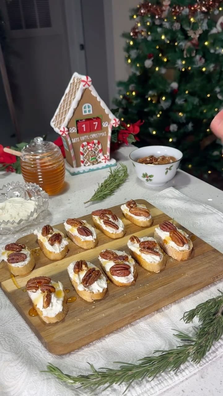 Whipped Feta Crostini with Hot Honey and Honey Roasted Pecans recipe