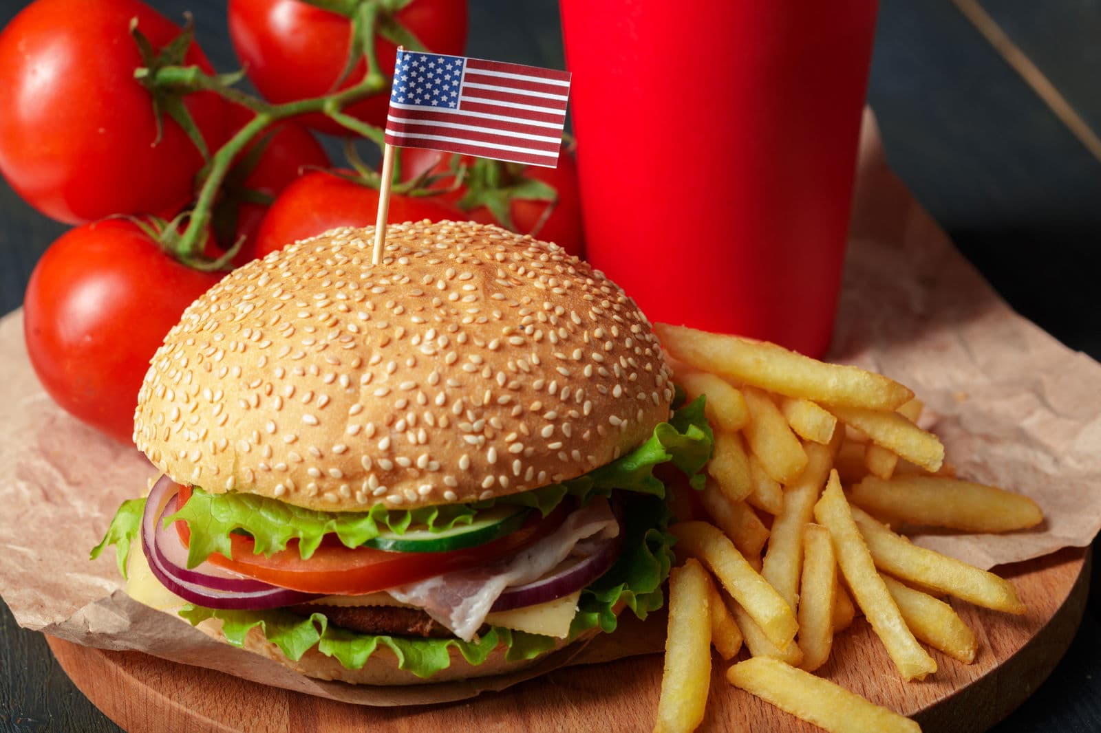  Fast food, homemade burger on wood
