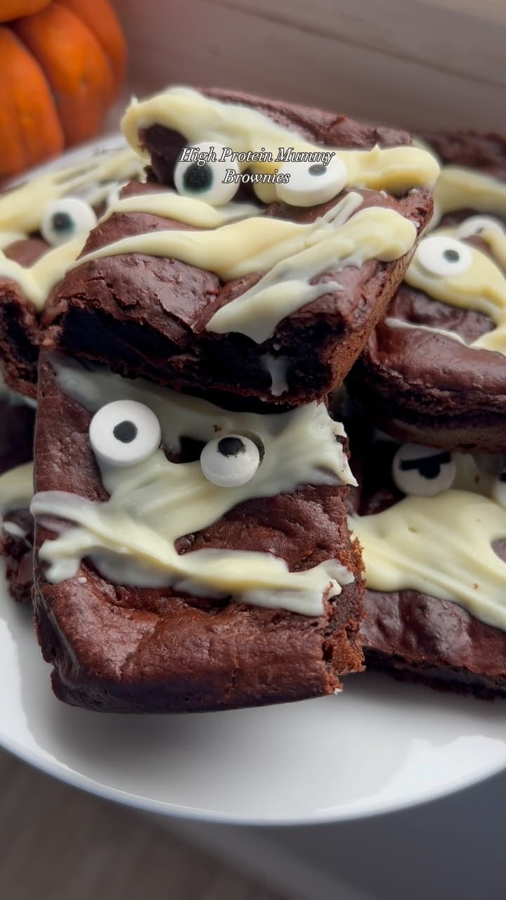 Halloween Protein Brownies with Mummy Faces recipe