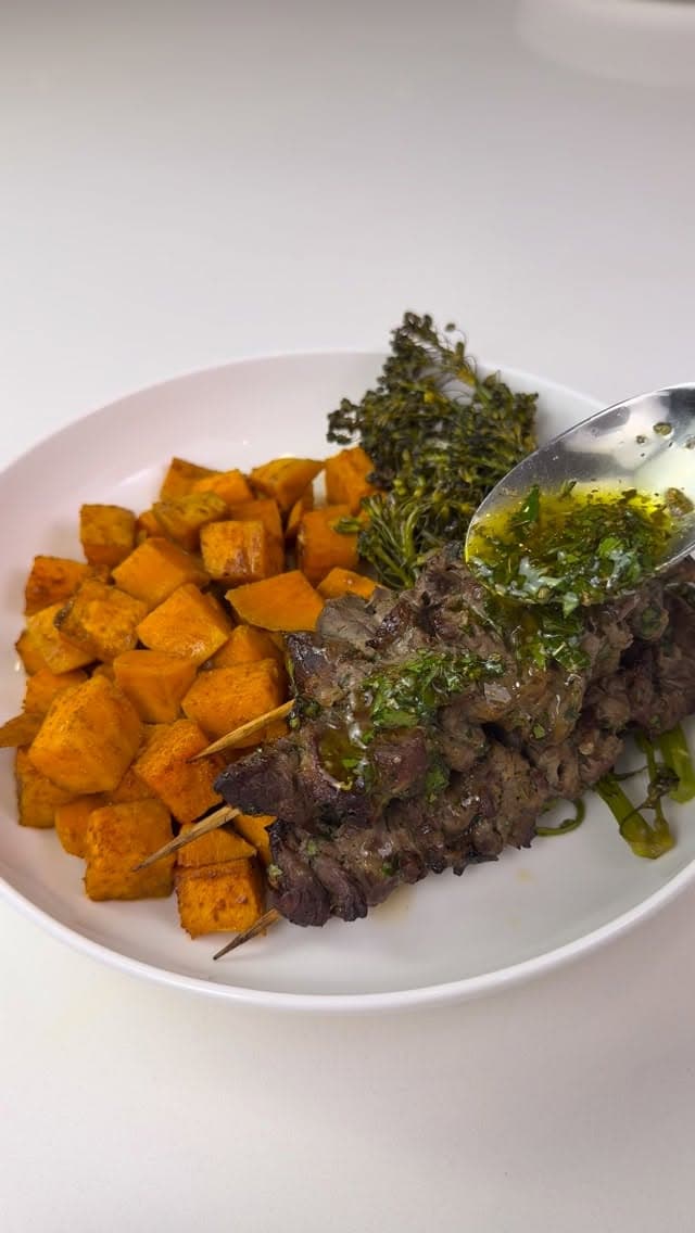One Tray Beef Skewers with Sweet Potatoes and Broccolini recipe