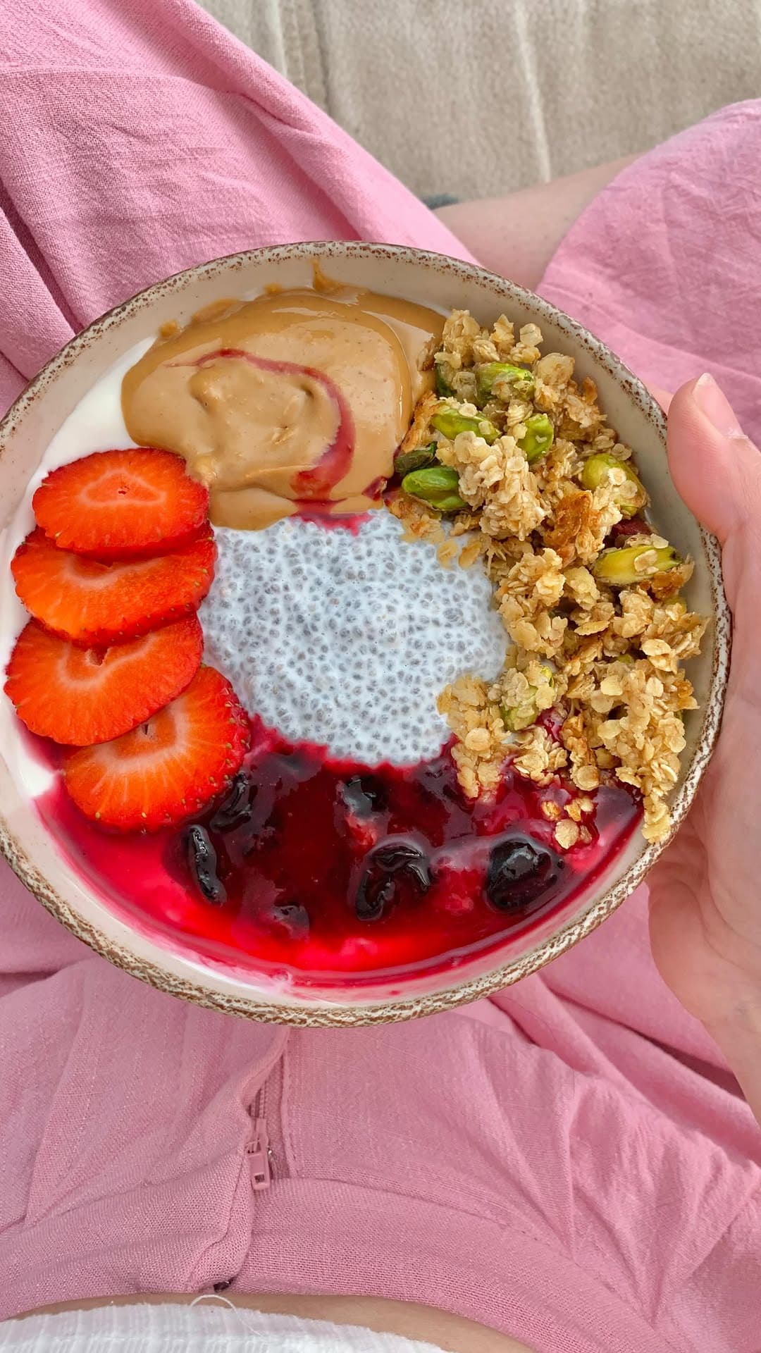 Strawberry Yogurt Bowl with Chia Pudding, Granola, and Blueberry Jam recipe