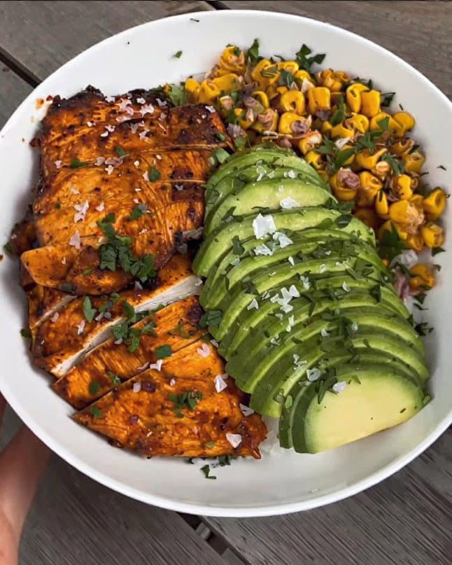 Char-Grilled Chicken Bowl with Corn Salsa and Avocado recipe