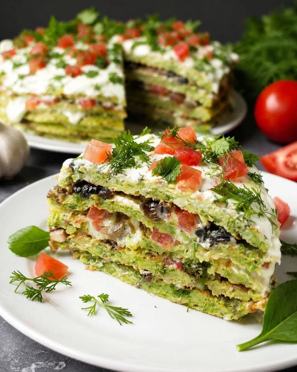 Zucchini Cake with Spinach, Mushrooms, and Tomatoes recipe