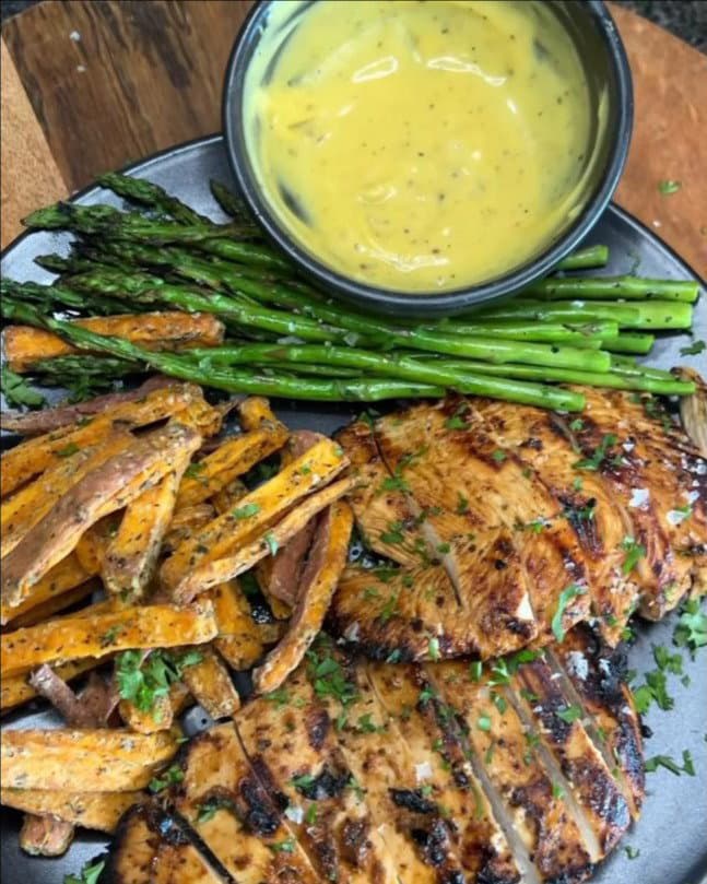 Marinated BBQ Chicken with Sweet Potato Fries, Hot Honey Mustard & Baby Asparagus recipe
