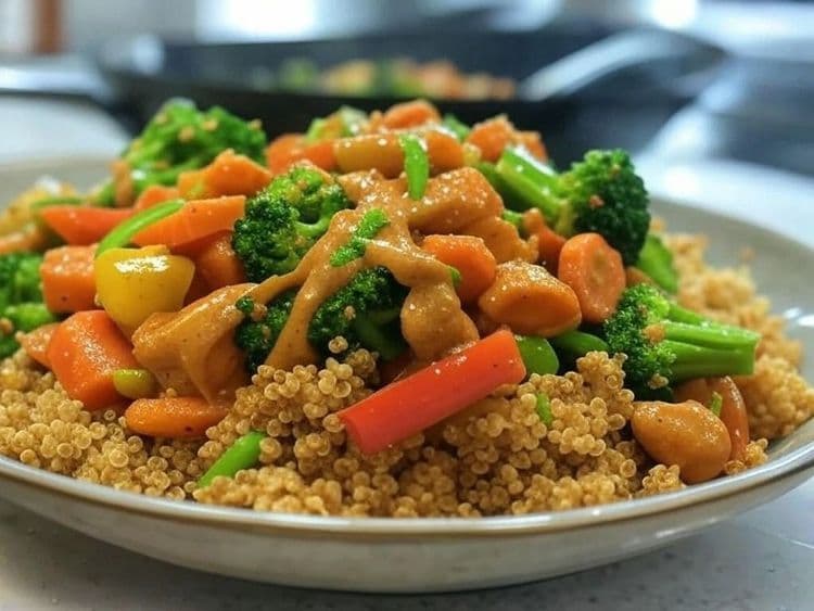 Tempeh & Veggie Stir-Fry with Peanut Sauce and Quinoa recipe