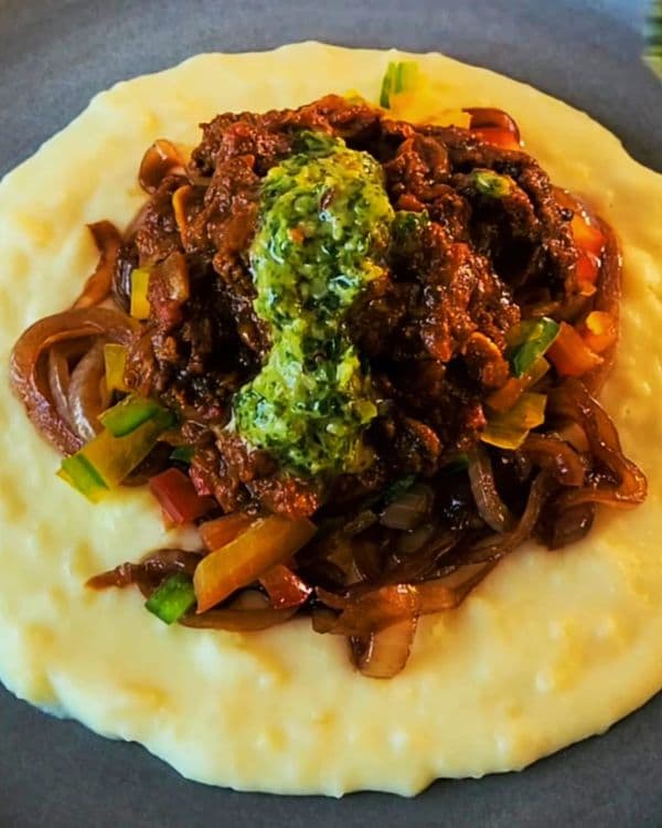 Braised Beef Cubes with Caramelized Balsamic Onions and Paris Mash Potatoes  recipe
