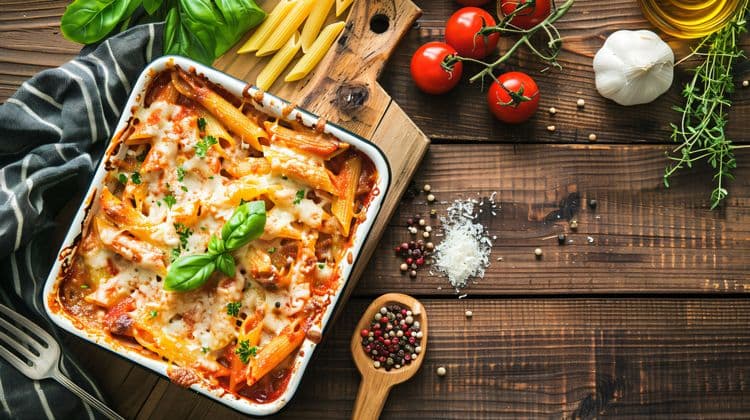 Homemade ziti pasta with colorful vegetables, capturing the cozy spirit of Sunday dinner comfort foods.