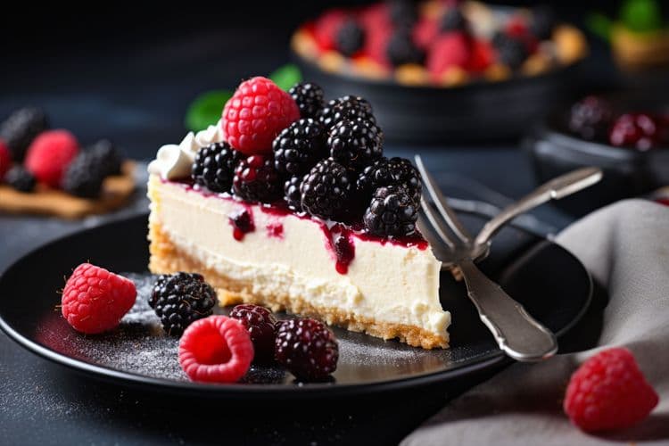Rich and creamy cheesecake on a black plate