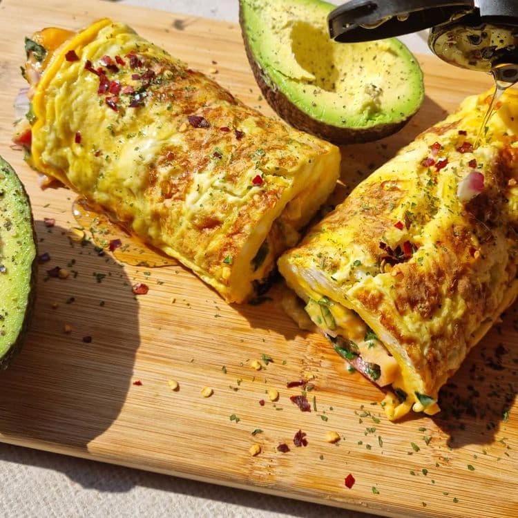 Roll-up Omelette Stuffed with Cheese, Bacon, Spinach, and Red Onion recipe