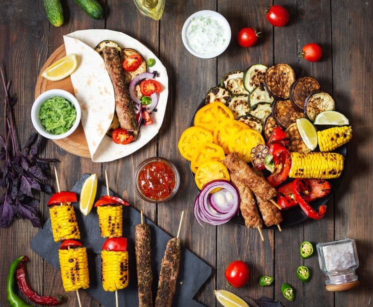 Grilled vegetarian platter featuring assorted vegetables and kebab-style ingredients