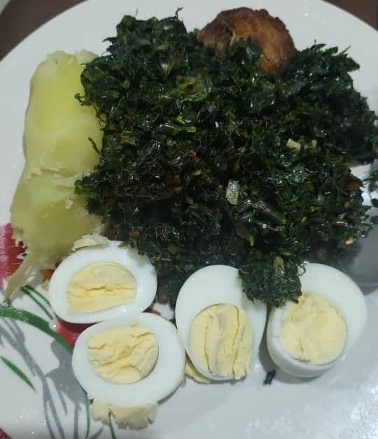 Sweet Potatoes with Pumpkin Leaves and Eggs recipe