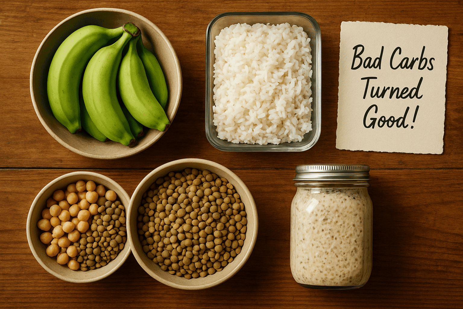 Resistant starch foods on a rustic table, green bananas, cooled rice, legumes, and overnight oats with a notepad reading “Bad Carbs Turned Good!”