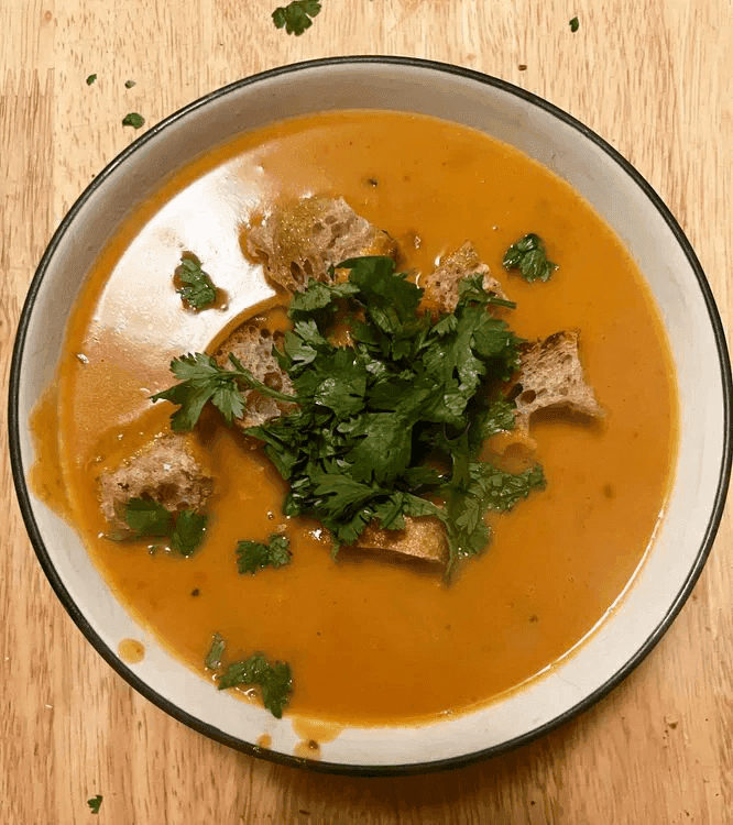 A close-up of Spicy Pumpkin Soup.