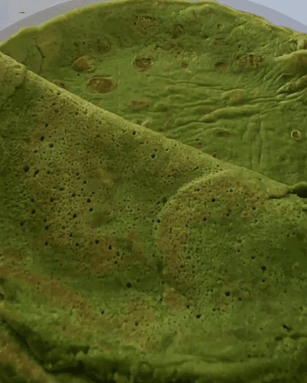 A close-up of well-cooked spinach crepes.