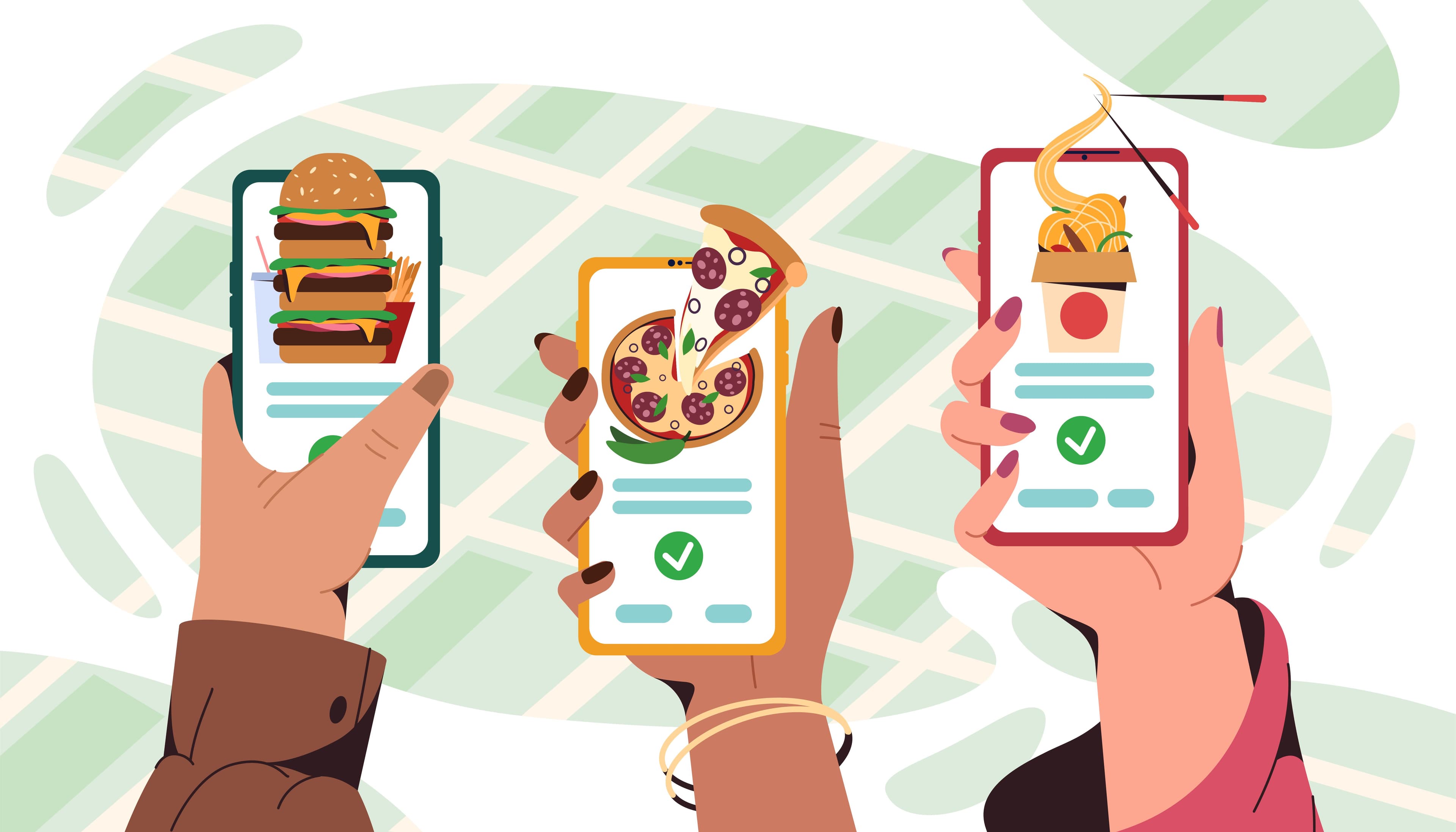 Mobile users selecting food options through digital apps, symbolizing online recipe visibility and search optimization