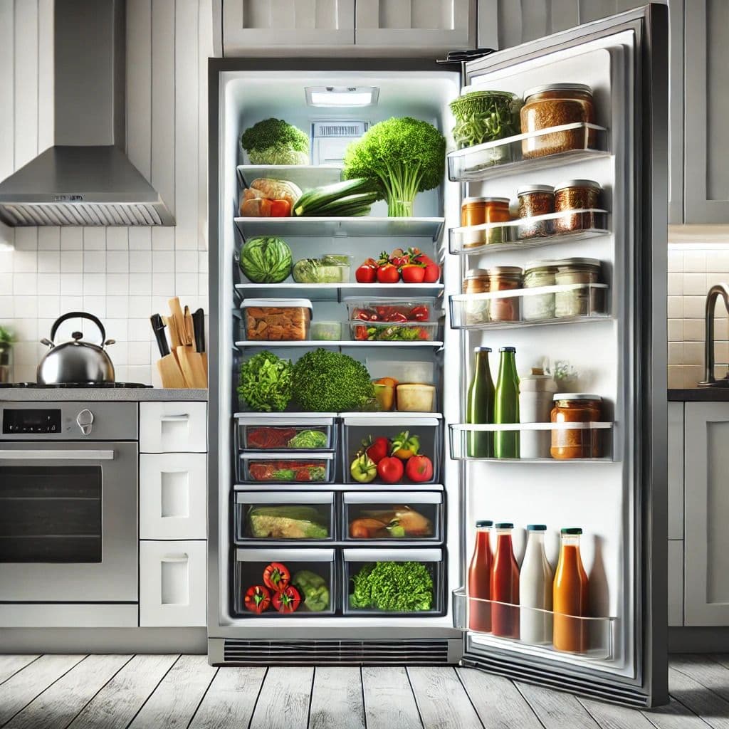 A fridge filled with fruits, vegetables, and other food items.