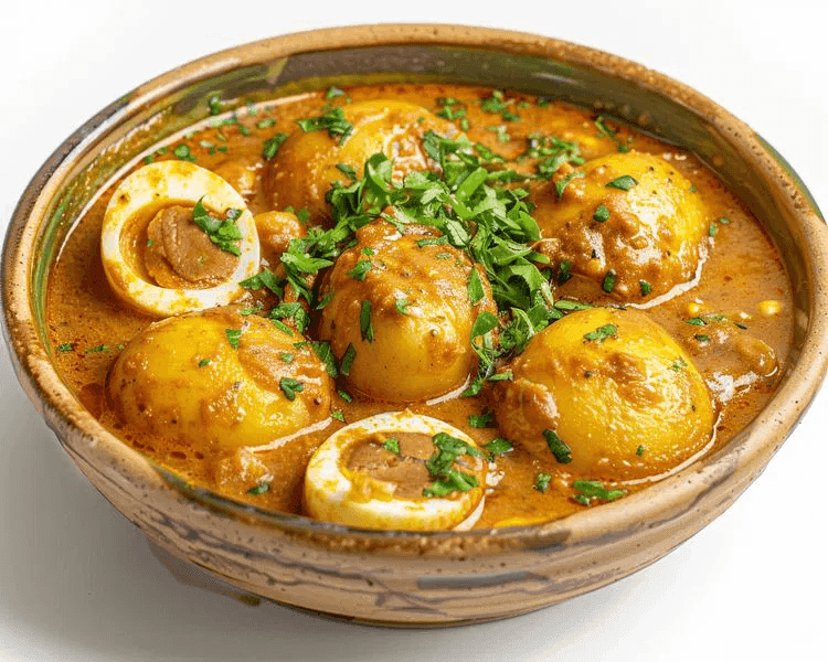 A close-up of a plate containing doro wat garnished with fresh greens