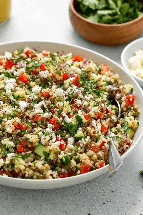A plate of Mediterranean Quinoa Salad.