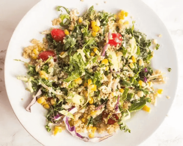 A plate of Vegan Quinoa Salad with Ranch Dressing.