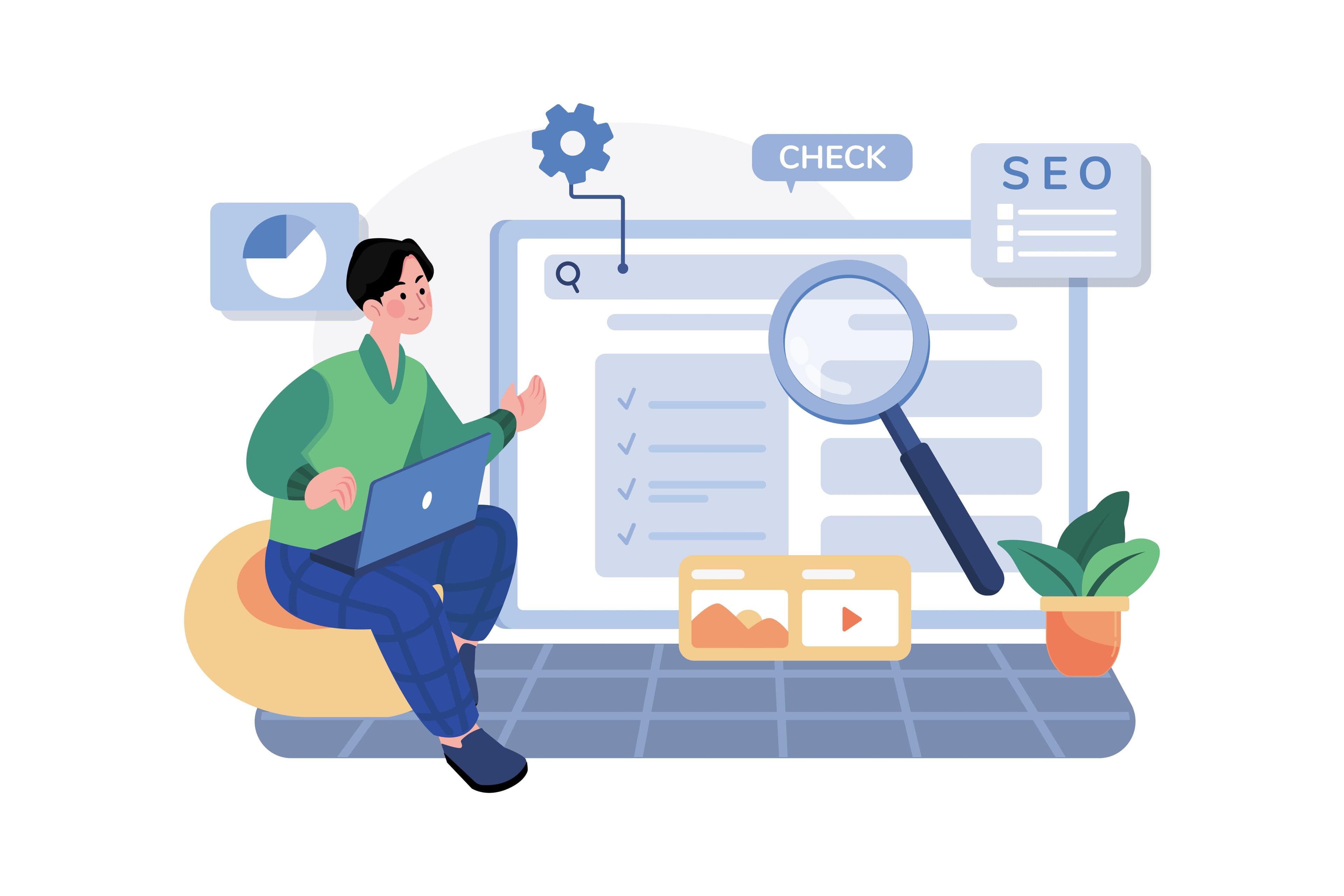 Person analyzing SEO optimization results on a laptop with a search engine checklist on the screen.