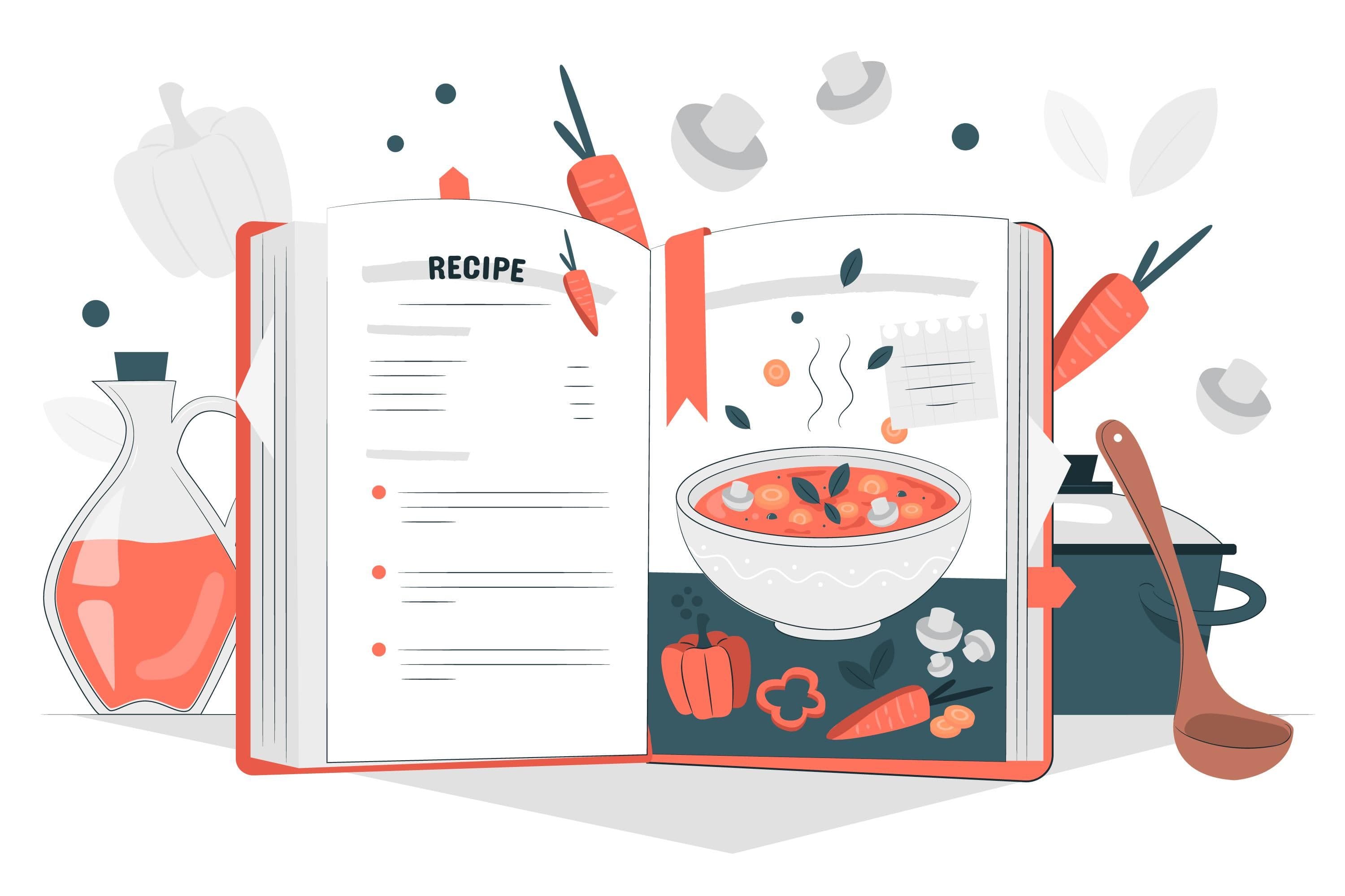 Illustration of an open recipe book with ingredients and soup bowl, symbolizing structured recipe writing