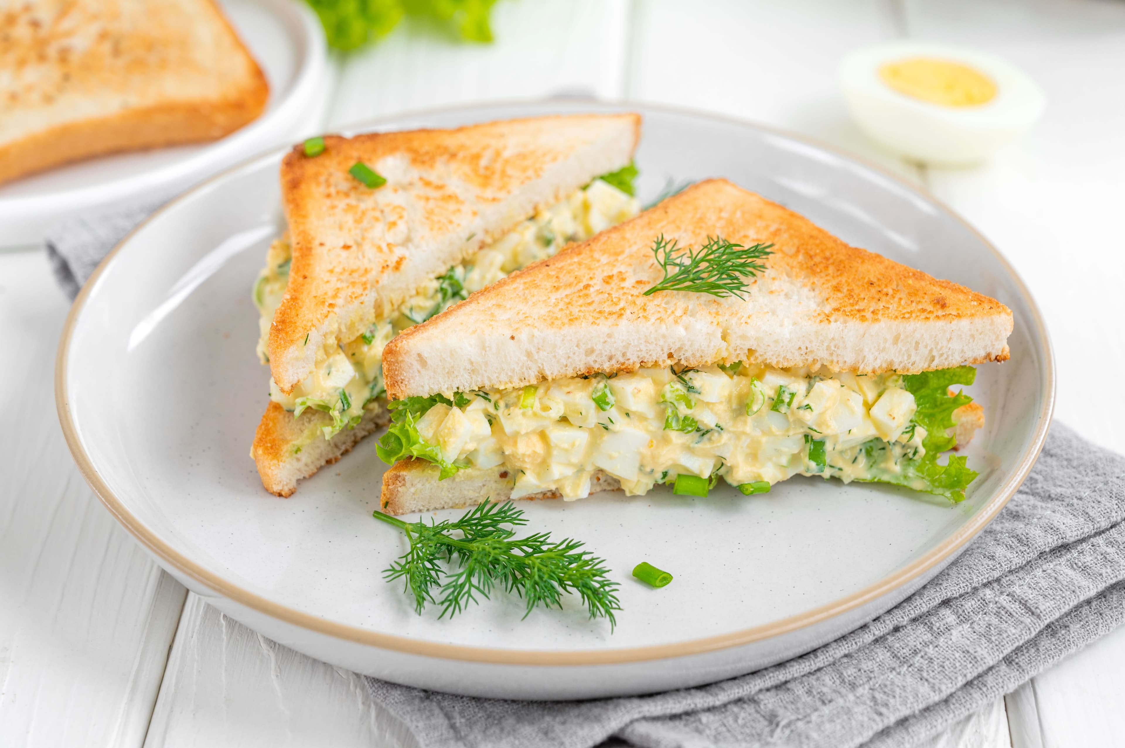 Healthy recipes image of egg salad sandwich with toasted bread lettuce white wooden background selective focus for budget-friendly recipes