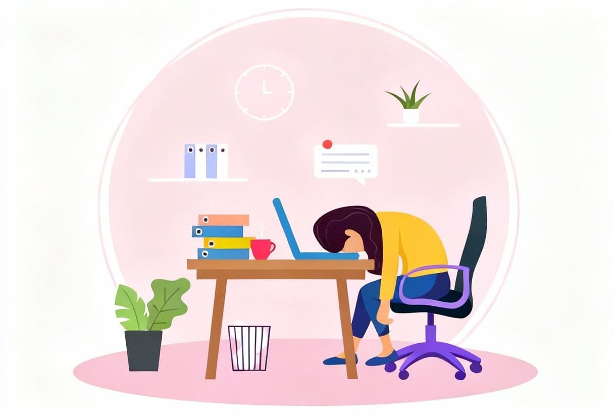 A tired woman slumped over a desk with her head on a laptop, surrounded by folders, a coffee cup, a potted plant, conveying burnout.