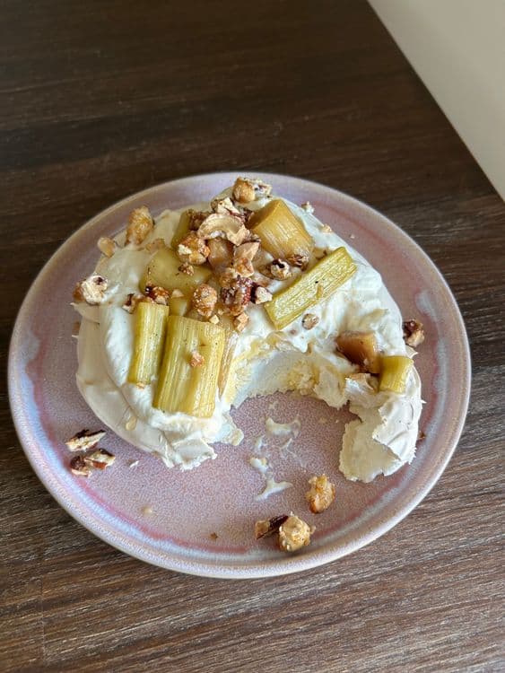 Pavlovas served with vanilla pastry cream, roasted rhubarb, vanilla whipped cream & crunchy crystallised nuts recipe