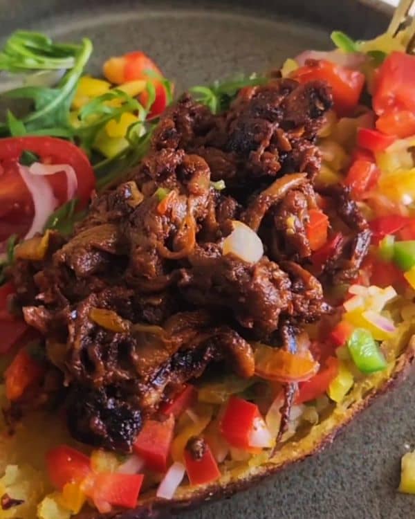 Air Fryer Baked Sweet Potatoes with Spicy Oyster Mushrooms recipe