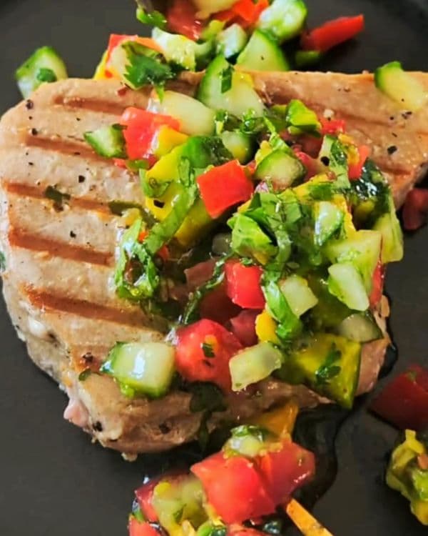 Grilled Tuna Steaks with Avocado, Cucumber & Tomato Salad recipe
