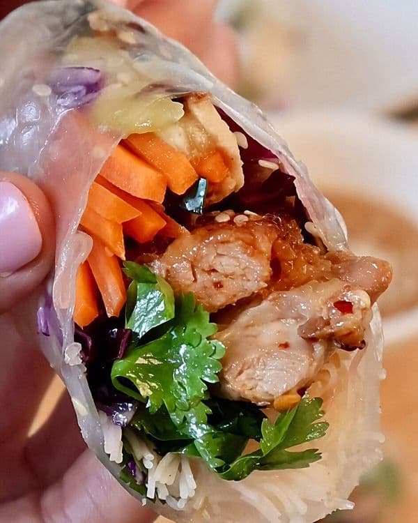Hot Honey Chicken Summer Rolls with Peanut Dipping Sauce recipe