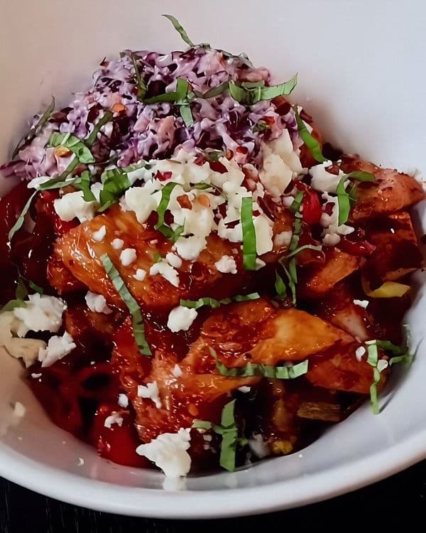 Sheet Pan Hot Honey Chicken with Garlic Slaw recipe