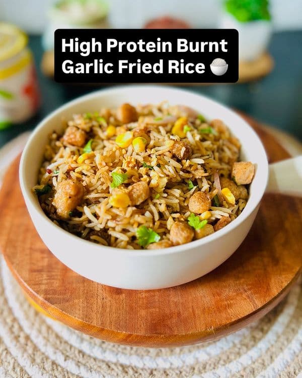High Protein Burnt Garlic Fried Rice with Soya Chunks recipe