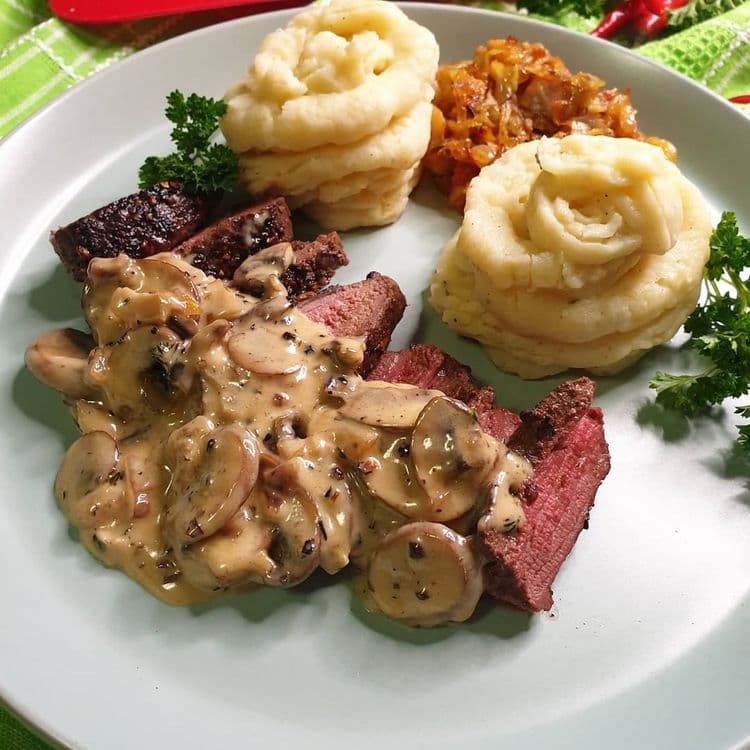 Ostrich Fillet with Lemon and Black Pepper Mashed Potatoes and Cabbage recipe