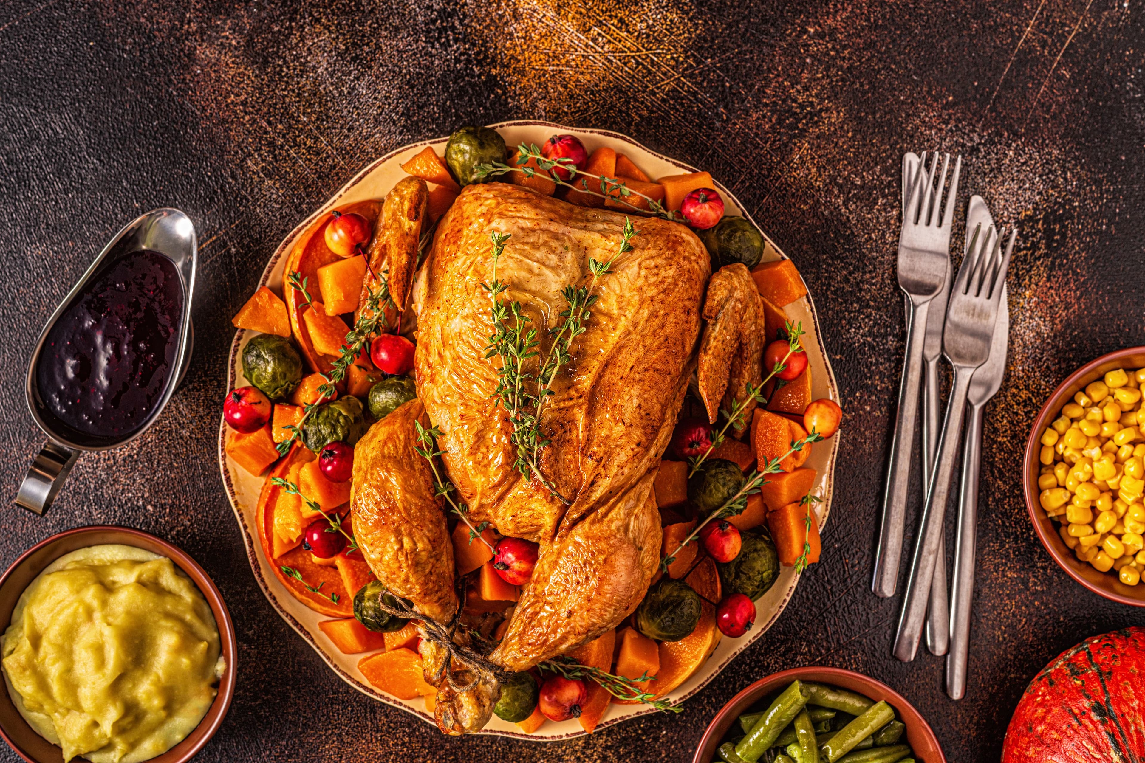 Roasted chicken served on a platter with brussels sprouts, sweet potatoes, cranberries, and herbs.