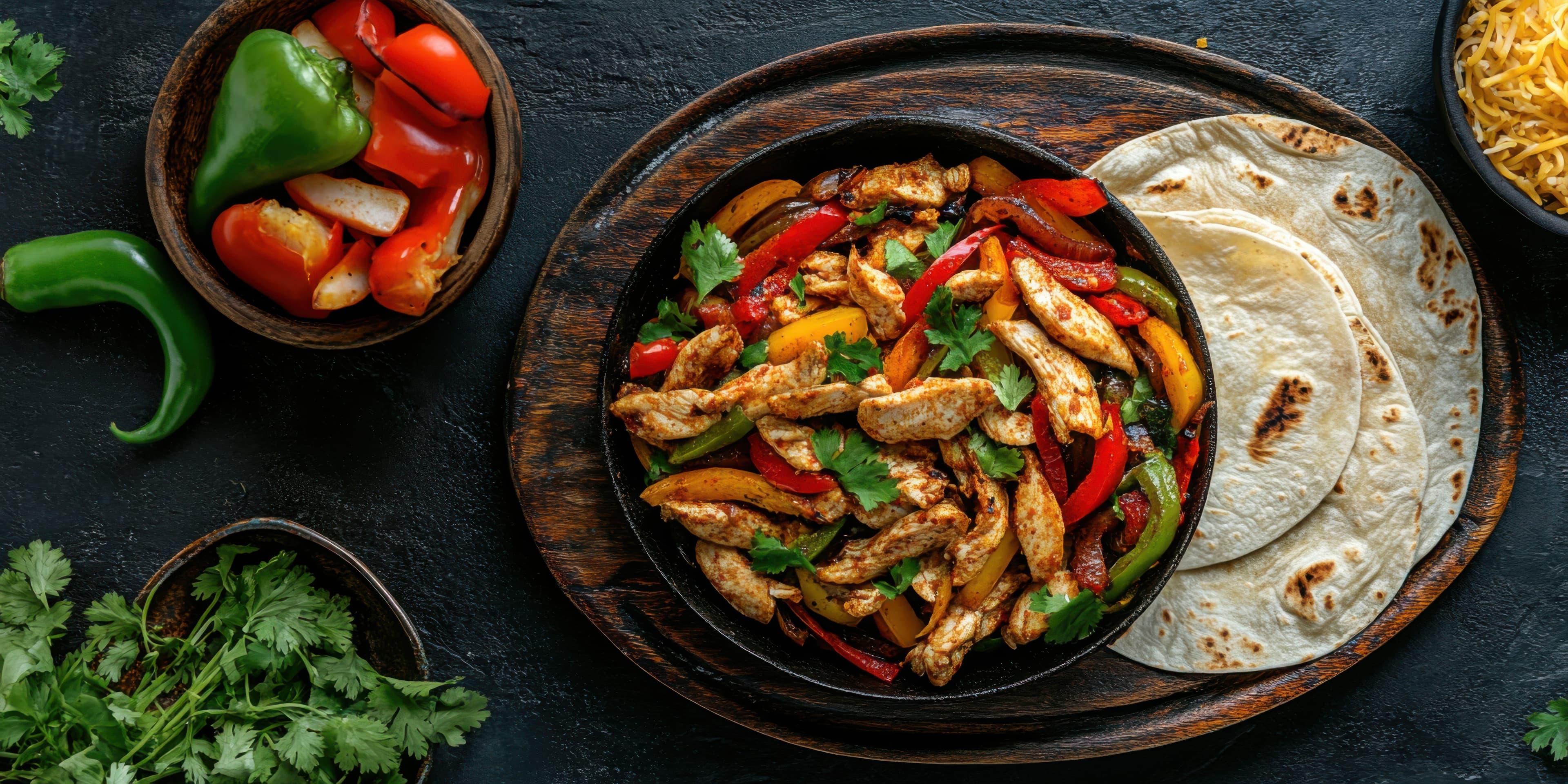 Sizzling chicken fajitas with colorful bell peppers served on a cast iron platter with warm tortillas on the side.