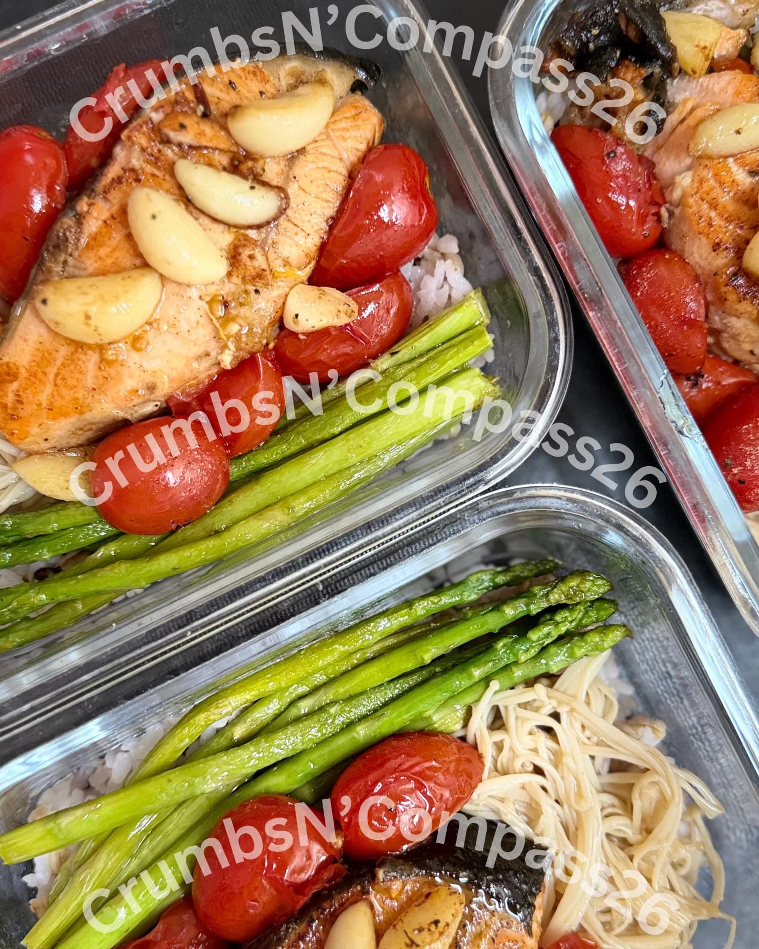 Easy Salmon with Garlic Asparagus, Cherry Tomatoes, and Boiled Enoki Mushrooms recipe
