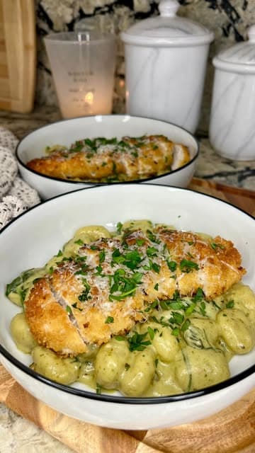 Creamy Pesto Gnocchi with Crispy Panko Chicken recipe