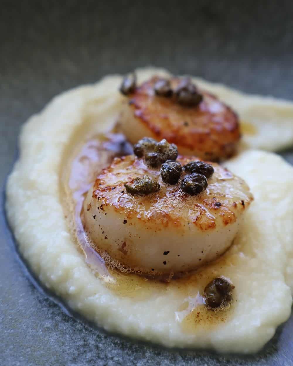 Seared Scallops Over Cauliflower Puree and Caper Brown Butter recipe