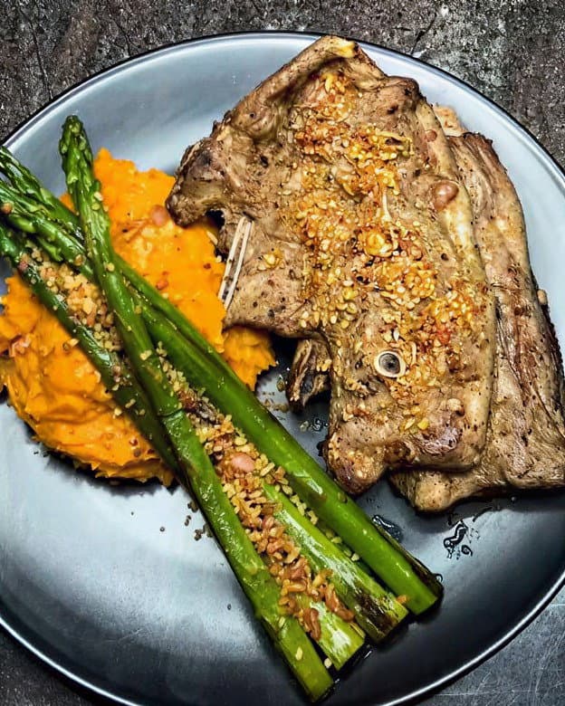Lamb Chops with Grilled Asparagus, Sweet Potato Mash and Crispy Bacon Crumb recipe