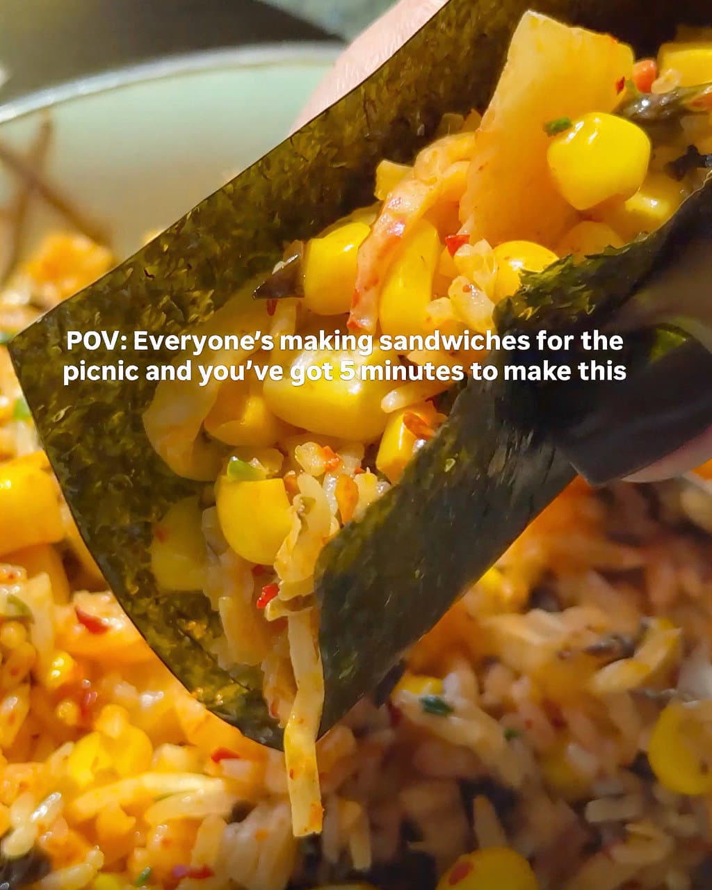 Kimchi Crabstick Sweetcorn Rice Wrapped in Seaweed recipe