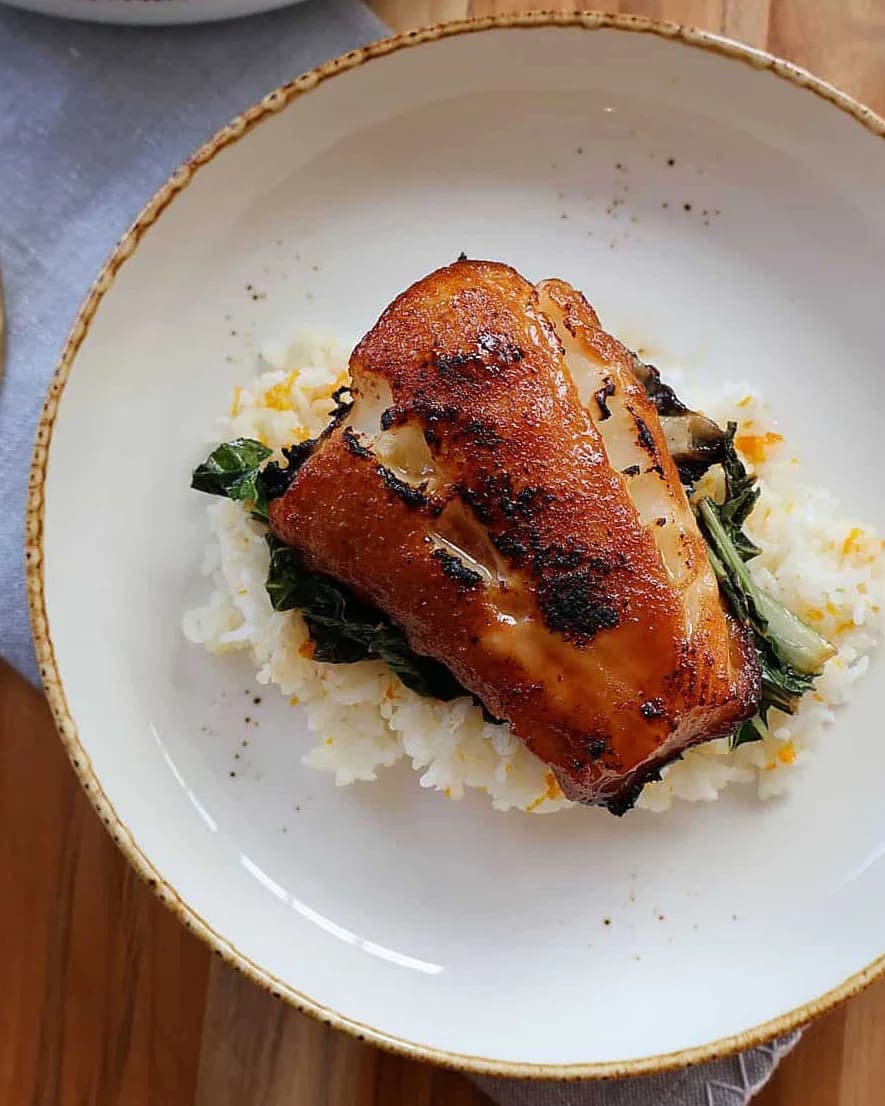 Orange Miso Glazed Sea Bass with Orange Sticky Rice recipe