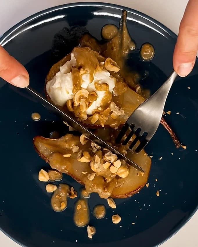 Baked Pears with Date Caramel, Yogurt and Hazelnuts recipe