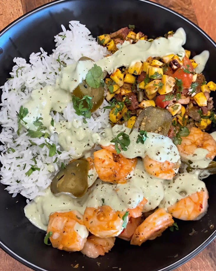 Chipotle Prawn Bowl with Coriander Lime Rice, Corn Salsa & Green Yoghurt Sauce recipe
