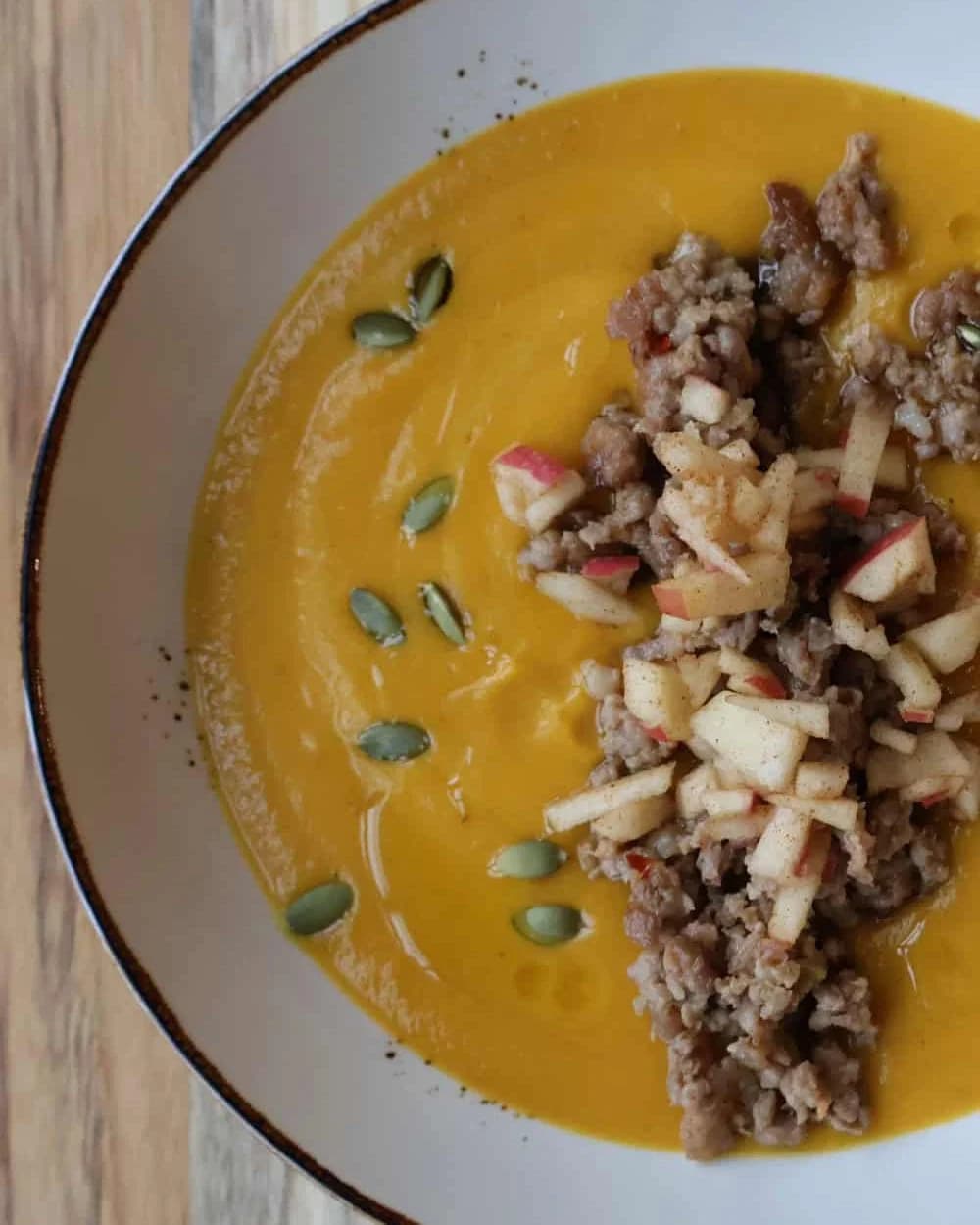 Butternut Squash Soup with Sausage and Spiced Apple Relish recipe