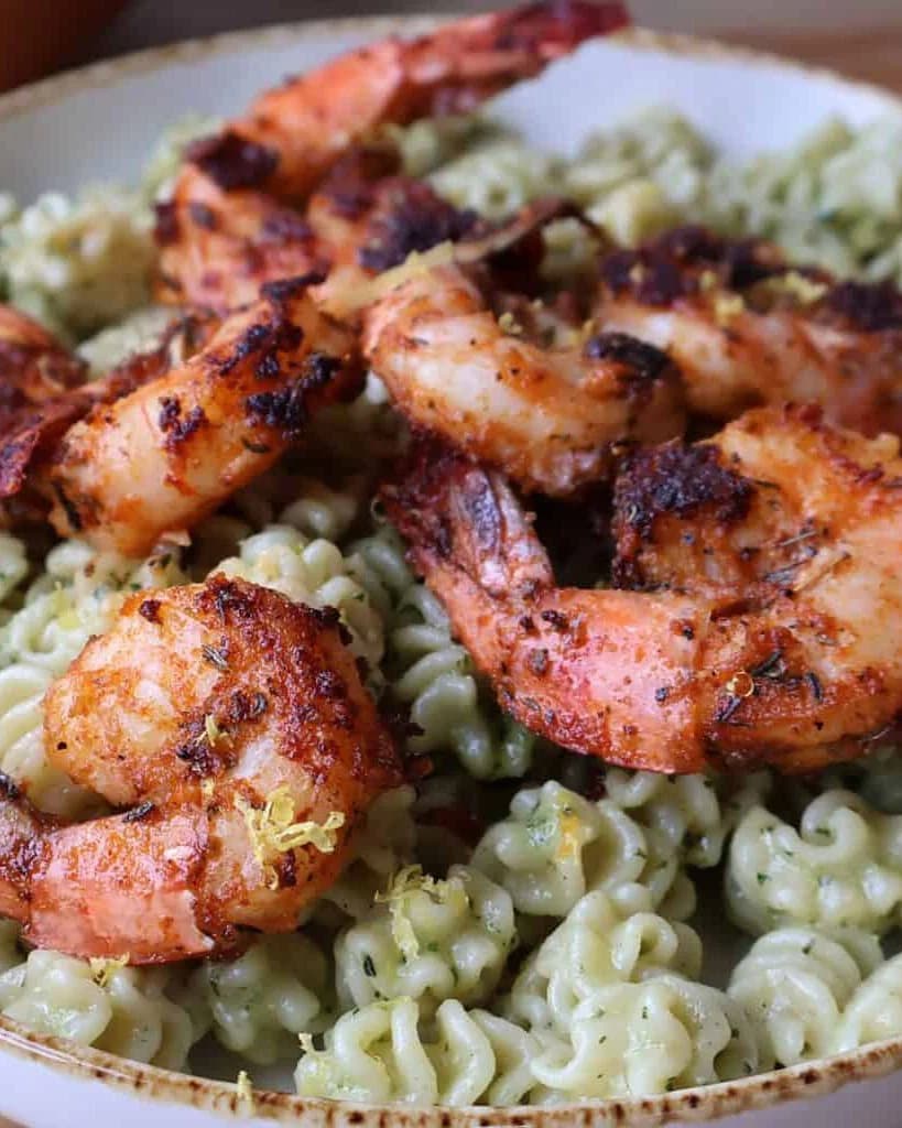Smoky Blackened Shrimp with Basil Walnut Pesto Pasta recipe