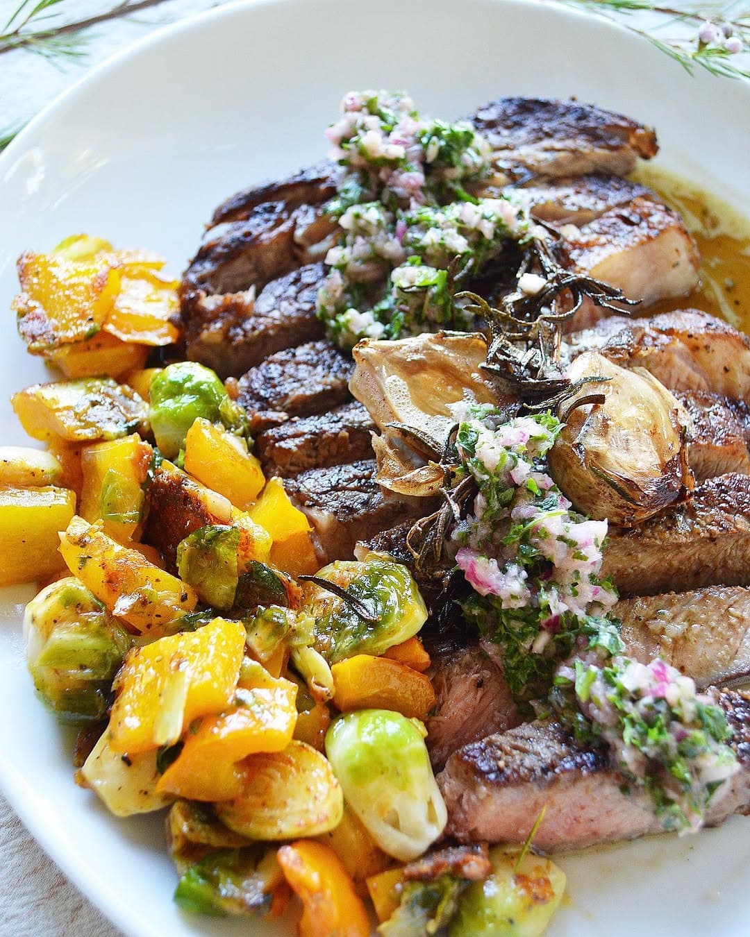 Rib Eye Steak with Light Sauce and Caramelized Vegetables recipe