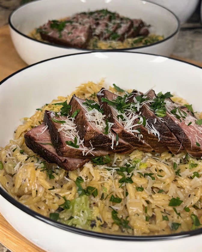 Creamy Broccoli Parmesan Orzo with Seared Steak recipe
