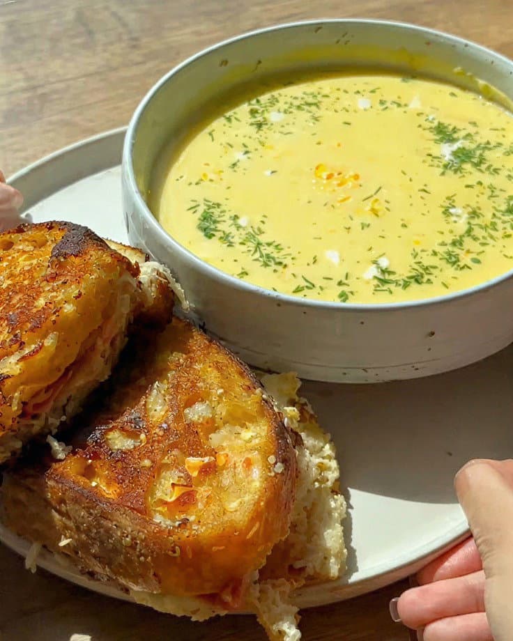 Creamy Japanese Sweetcorn Soup with Mortadella Chilli Cheese Toastie recipe