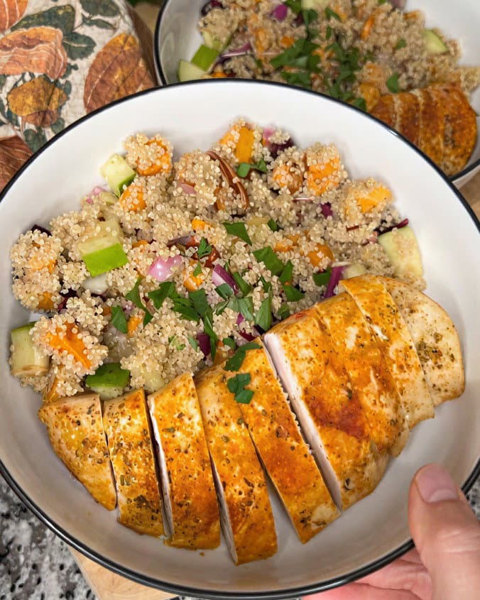 Autumn Harvest Quinoa Salad with Apple Cider Vinaigrette and Baked Chicken recipe